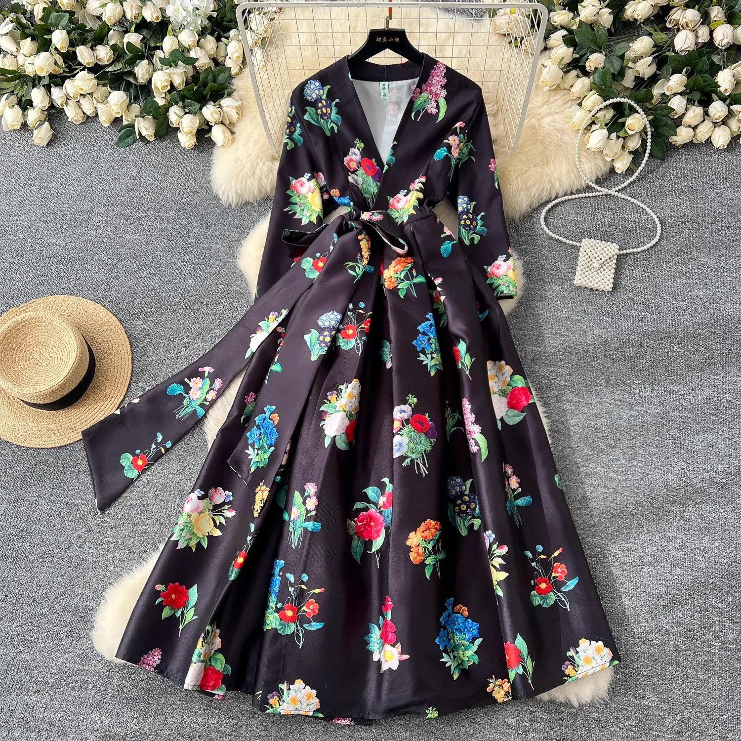 Spring Summer Gorgeous Holiday Beach Dress Women's Stand Long Lantern Sleeve Vintage Floral Print Belt Chiffon Loose Vestidos