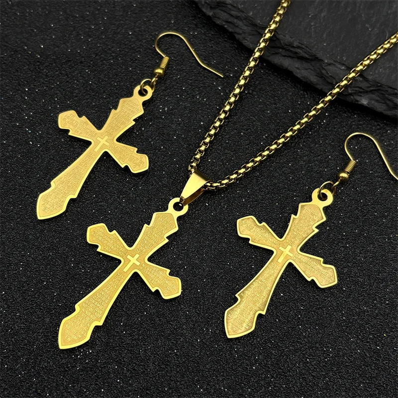 

Jesus Cross Bible Pendant Jewelry Set for Women Men Stainless Steel Gold Color Catholic Necklace Earrings Set Jewelry Pray Gift