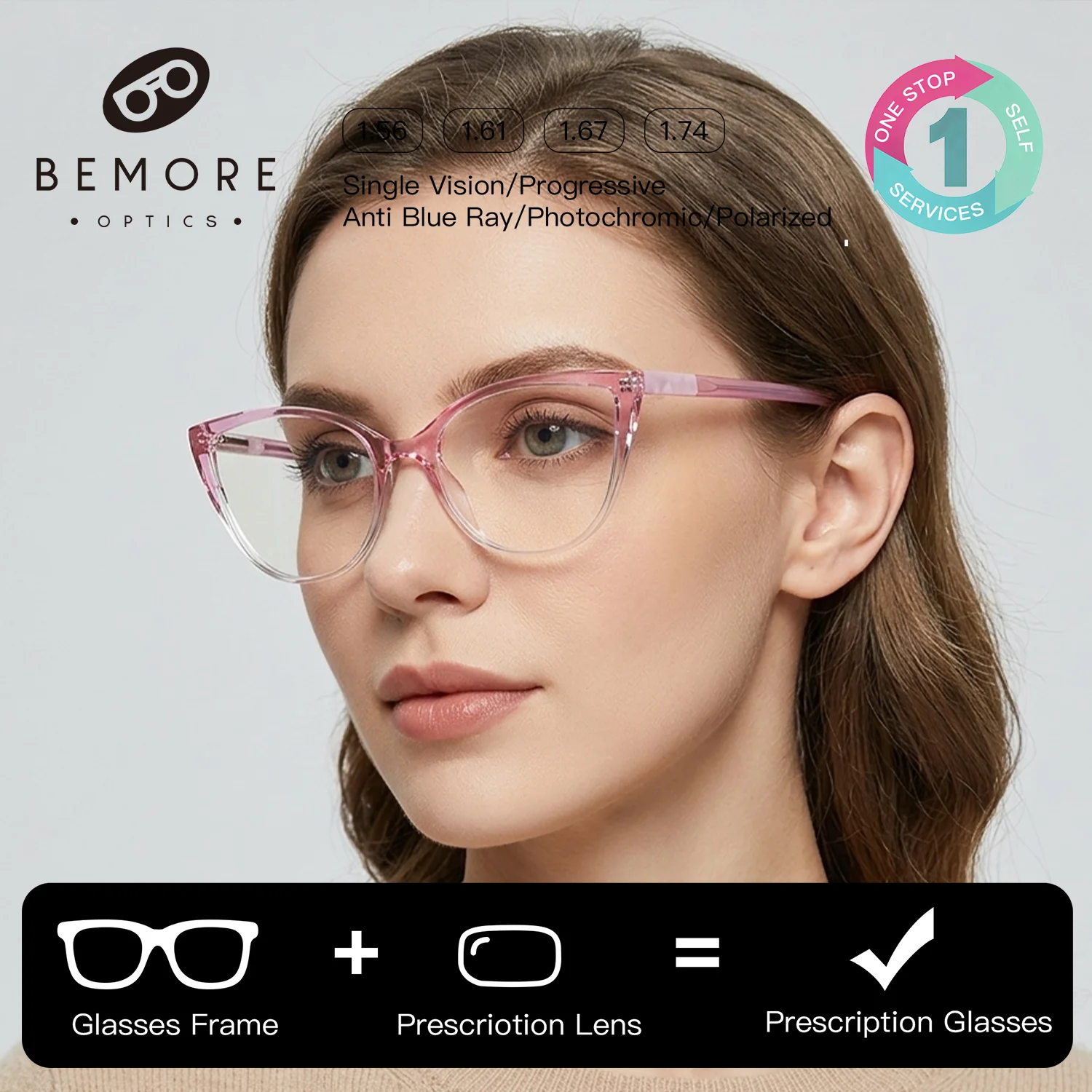 

BEMORE Fashion Square Ultralight TR Myopia Glasses for Woman Anti-Blue Light Photochromic Grey Cat Eye Prescription Eyeglasses