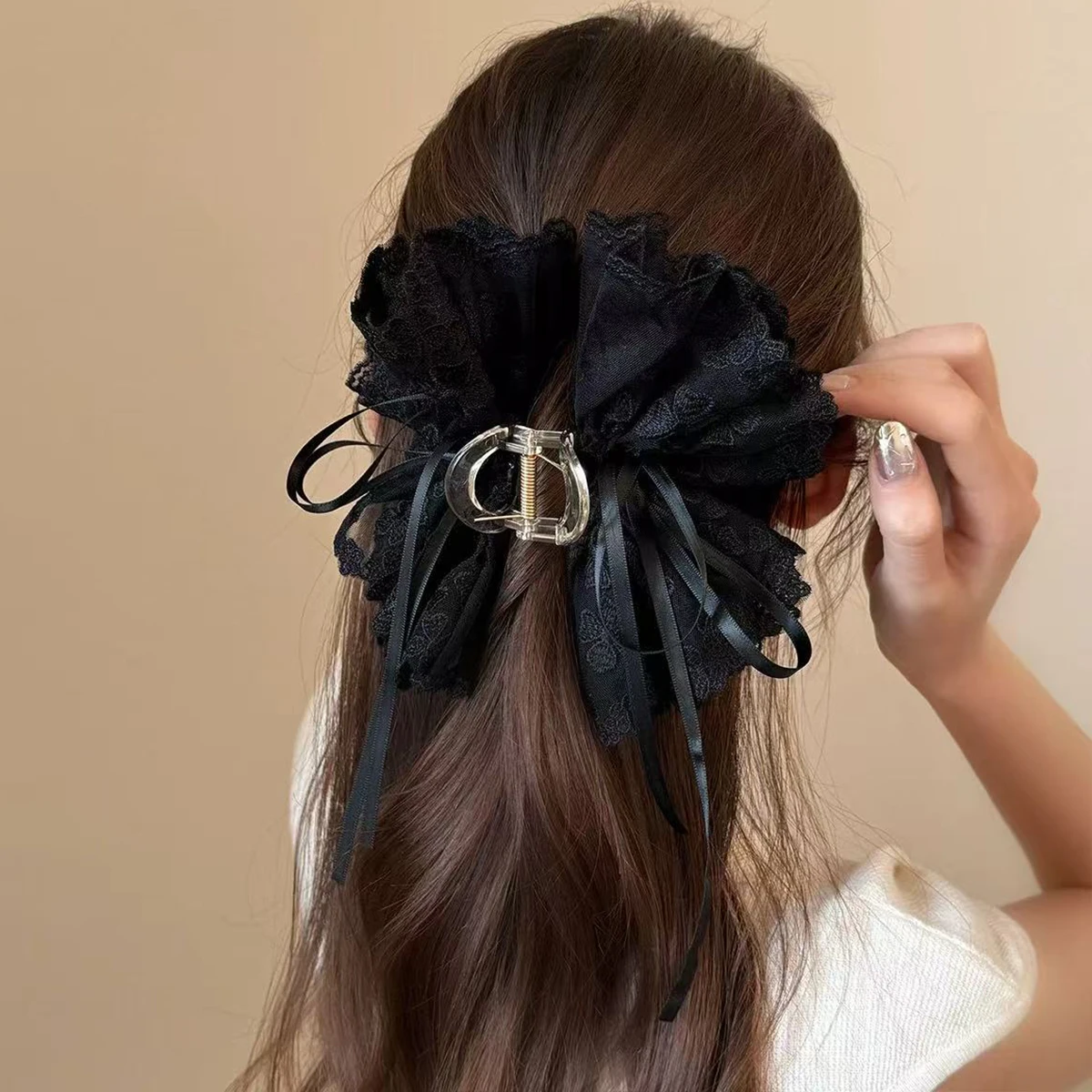1 Stück Koreanischer Stil Elegante Schmetterlingsknoten-Schleife Bestickte Spitzen-Haarklammer, Damen-Haarspange für Pferdeschwanz und Halb-Up-Haarspange – Detail 4