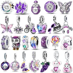 925 Sterling Silver Purple Bead Flower butterfly Dangle Charm Fit 4MM hole diameter Bracelet Necklace 925 Jewelry Gift making
