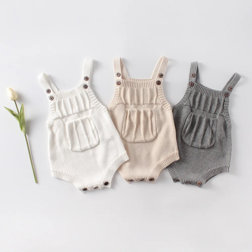 INS Knitted Romper 0-2Years Newborn Baby Boy Girl Solid Color Sleeveless Pocket Knitwear Bodysuit Outfits Spring Fall Clothes