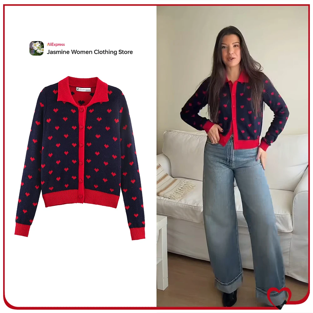 

Aesthetic Women Heart Jacquard Cardigan Spring Sweet Knitwear with Heart-shaped Buttons New in Long Sleeve Lapel Collar Cardigan