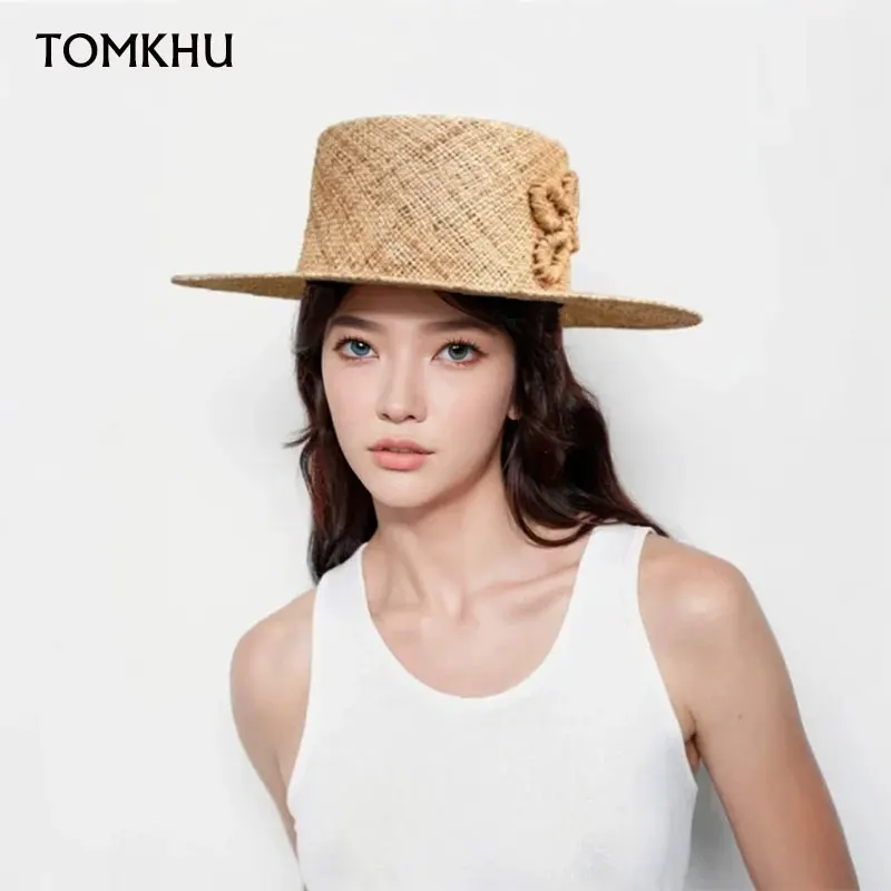 

Classic Summer Natural Grass Wide Brim Straw Hat For Women Summer Leisure Sunshade Hat French Flat Top Handmade Sewing Sun Hat