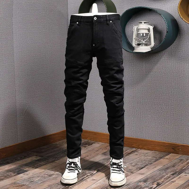 

Street Fashion Men Jeans High Quality Spliced Designer Black Stretch Slim Fit Biker Jeans Men Hip Hop Vintage Denim Cargo Pants