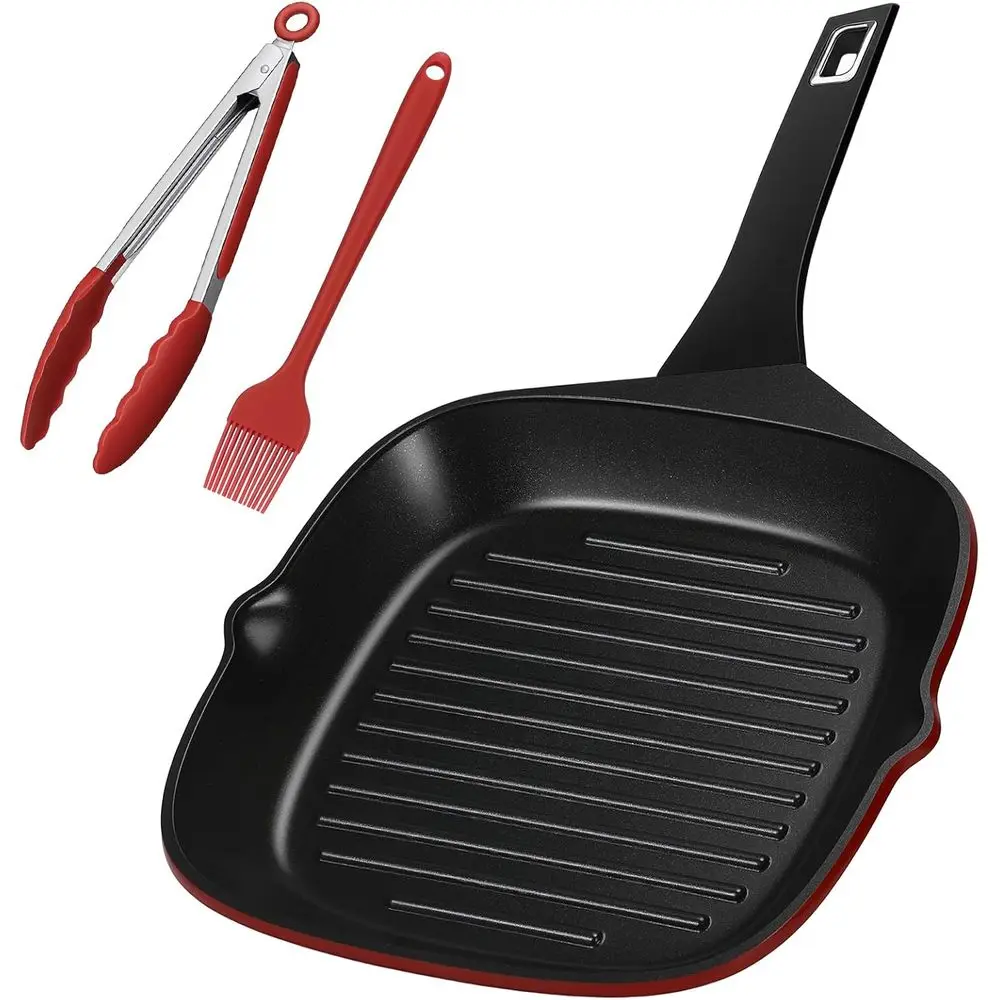 

11 Inch Nonstick Grill Pan, Square Large Grilling Skillet Steak Pan or Stove Tops, Granite Coating Grill Skillet with Pour Spout