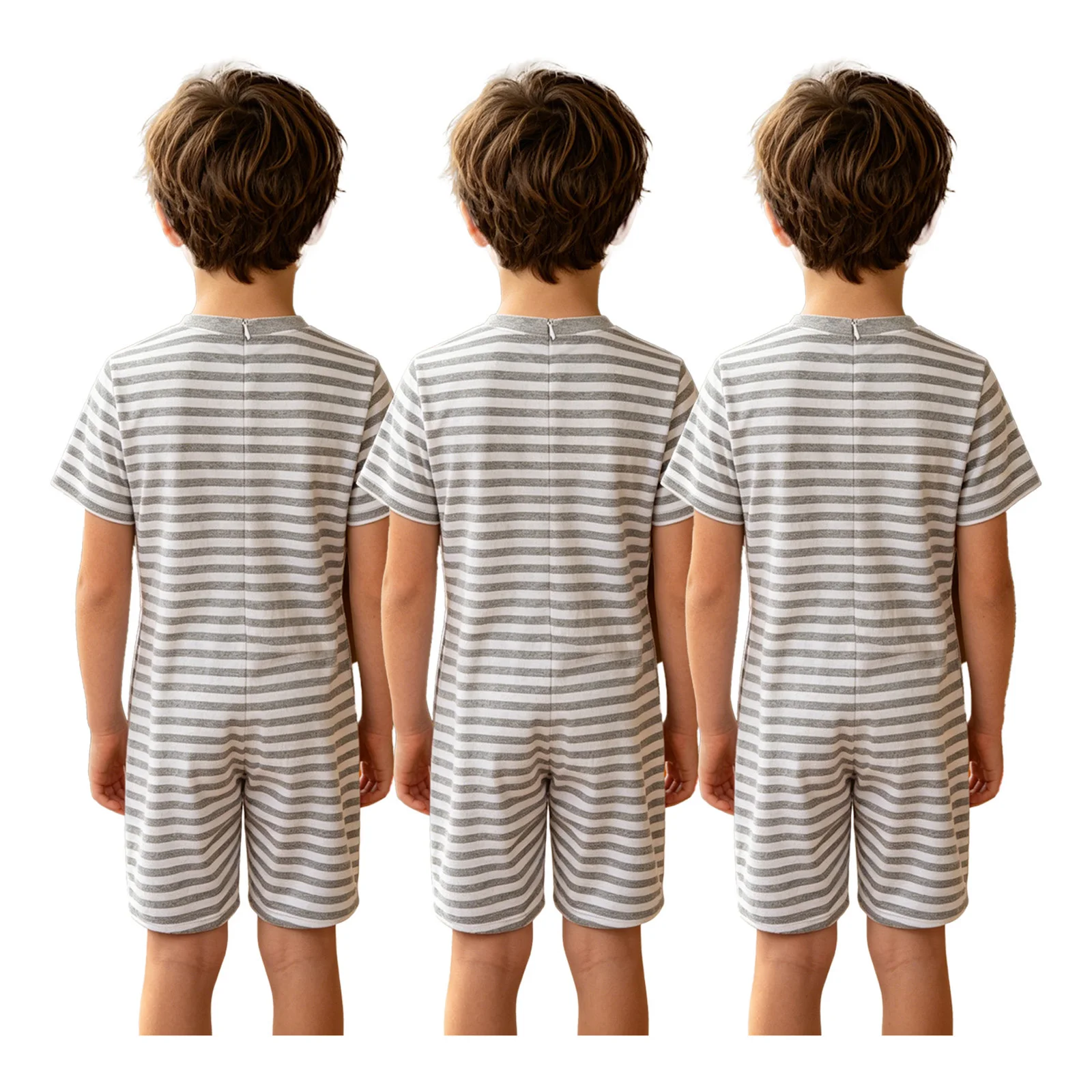 3pcs Kids Boys Girls Special Needs Adaptive Clothing Short Sleeve Thigh Length Anti-strip Back Invisible Zipper Striped Jumpsuit