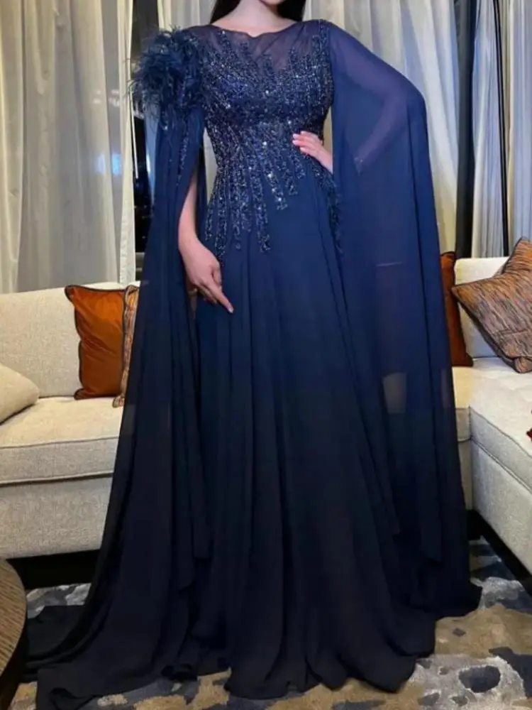 Customized Navy Blue Evening Dresses O-Neck Beaded Feather A Line Chiffon Women Formal Occasion Dress With Puffy Sleeve Prom