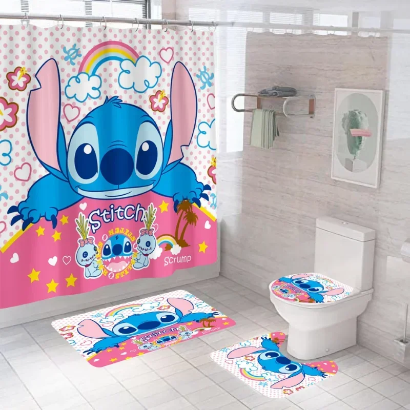 Disney Shower Curtain Foot Mat Anti-Slip Set Stitch Star Baby Curtain Print Waterproof Polyester Shower Curtain