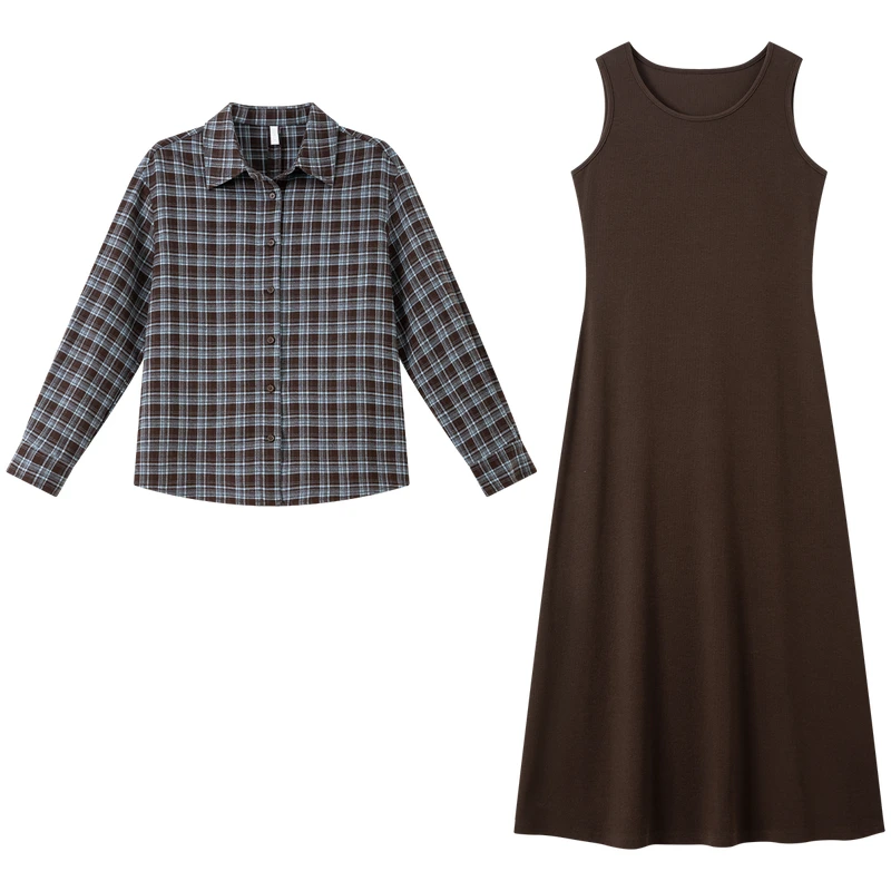 VIMLY femmes deux pièces robe décontracté jarretelle marron robe longue Plaid manches longues col Polo chemises robe ensembles 2025 automne A2890
