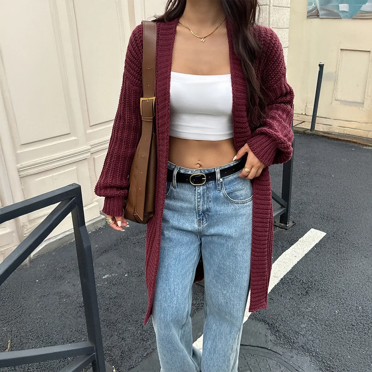 

Loose Casual Basis Autumn 2025 Knit Sweater Cardigan Women Solid Midi Length Jumpers V Neck Long Sleeve Thick Sweaters