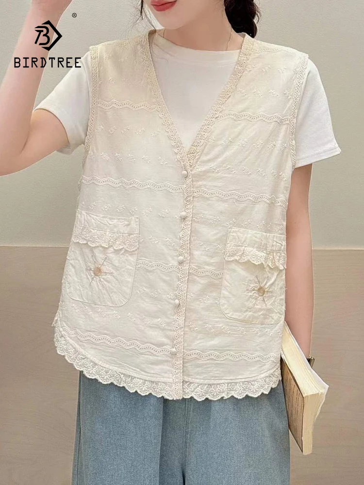 New 2026 Spring Cotton Vest, Women V Neck Embroidery Lace Patchwork, Mori Girl French OL Casual Loose Sleeveless Coat C61218CC