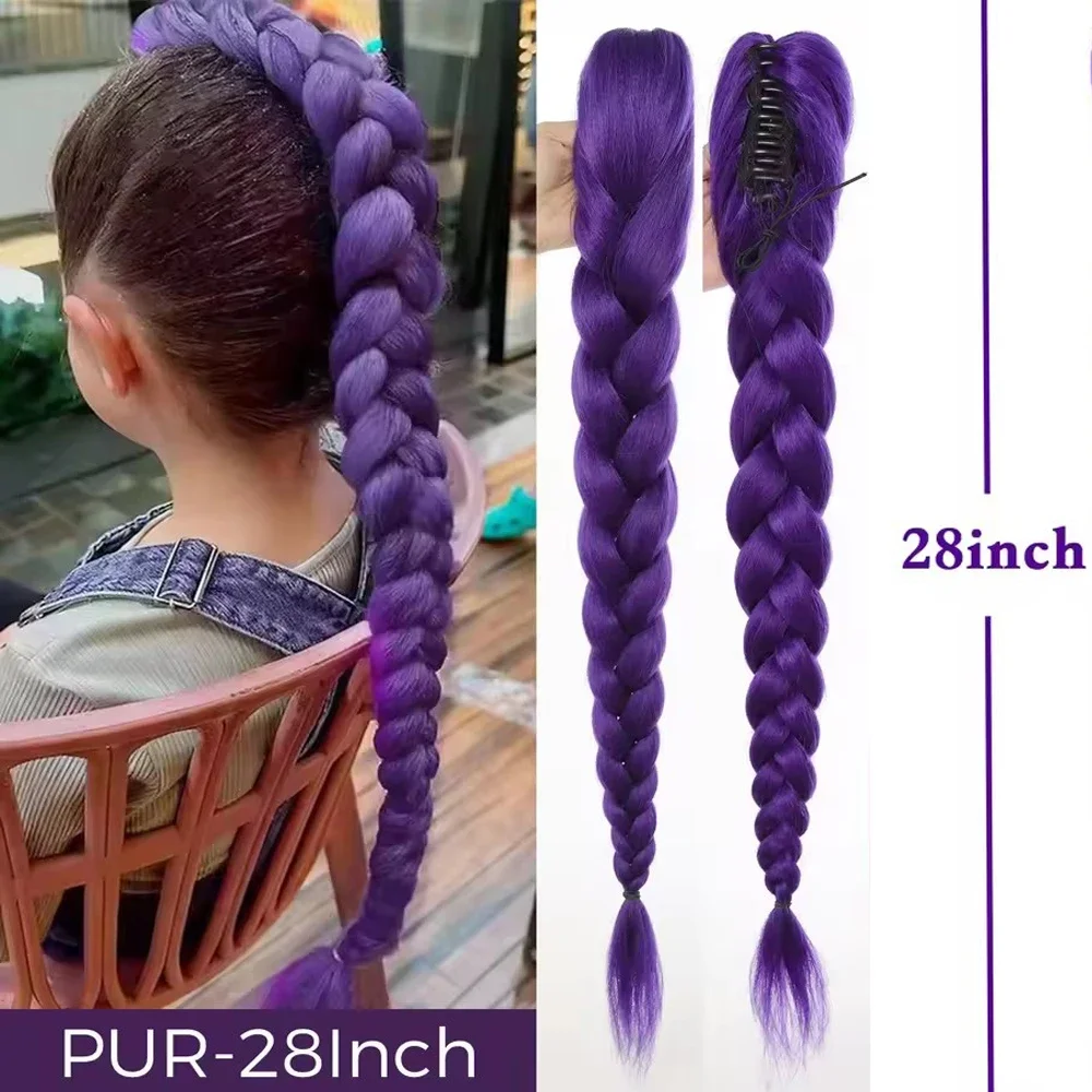 26 inch Purple Braids Ponytail Rubber Band Pre Braiding Hair Synthetic Purple Hair Extensions for Halloween Costume Cosplay