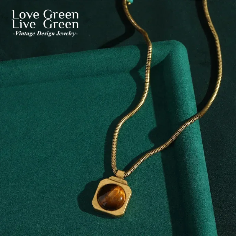 

Vintage Jewelry Wedding Pendant Necklace Gold Color Square Tiger Eye Natural Stone Chains For Woman Accessories Gift Trends 2025