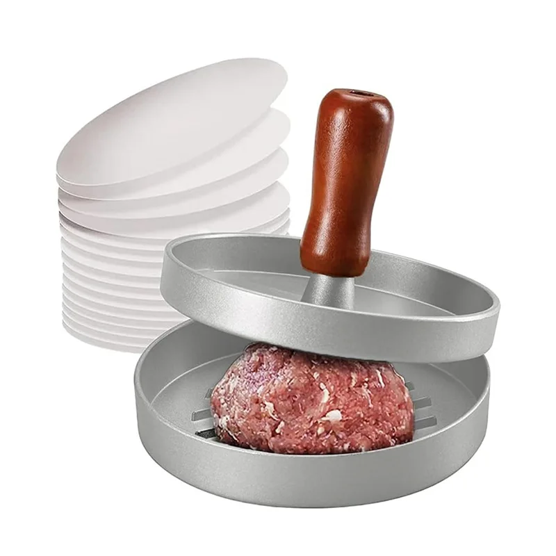 Prensa para Hamburguesas Antiadherente con Papel Encerado, Molde para Hamburguesas de Aluminio para Cocina, Barbacoa y Parrilla