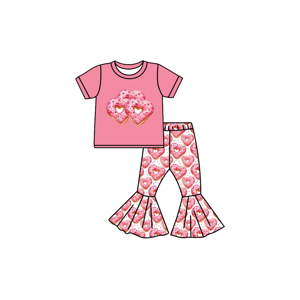 طقم ملابس أطفال مطبوعة على شكل قلب على شكل بيضة عيد الحب وعيد الفصح بأكمام قصيرة وسراويل واسعة من حرير الحليب الناعم المخصص