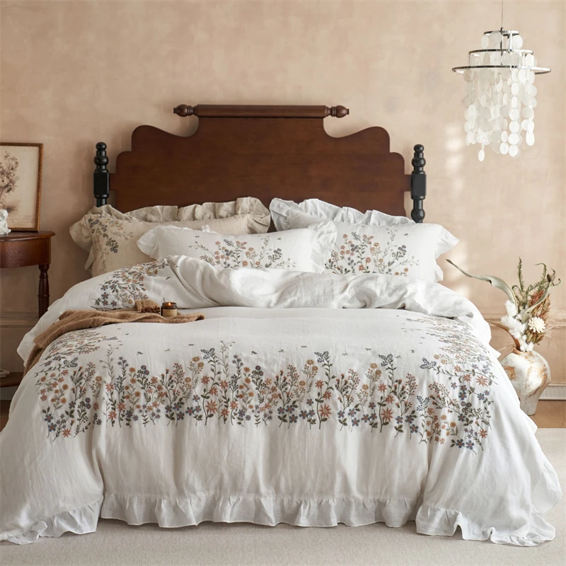 

100% чистый лен, винтажный комплект постельного белья с французскими цветами и оборками, пододеяльник из натурального льна, простыня, наволочки, 4 шт.