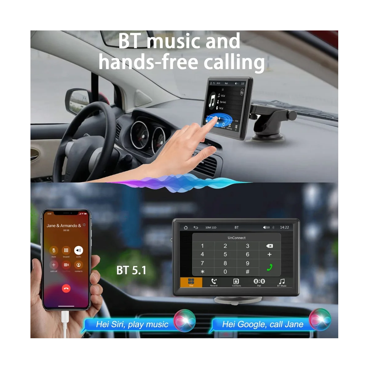 Portable Wireless Carplay Screen Dash Mount, 7 Inch Touch Screen Car Stereo Bluetooth, FM Car Radio, Rear Camera, USB