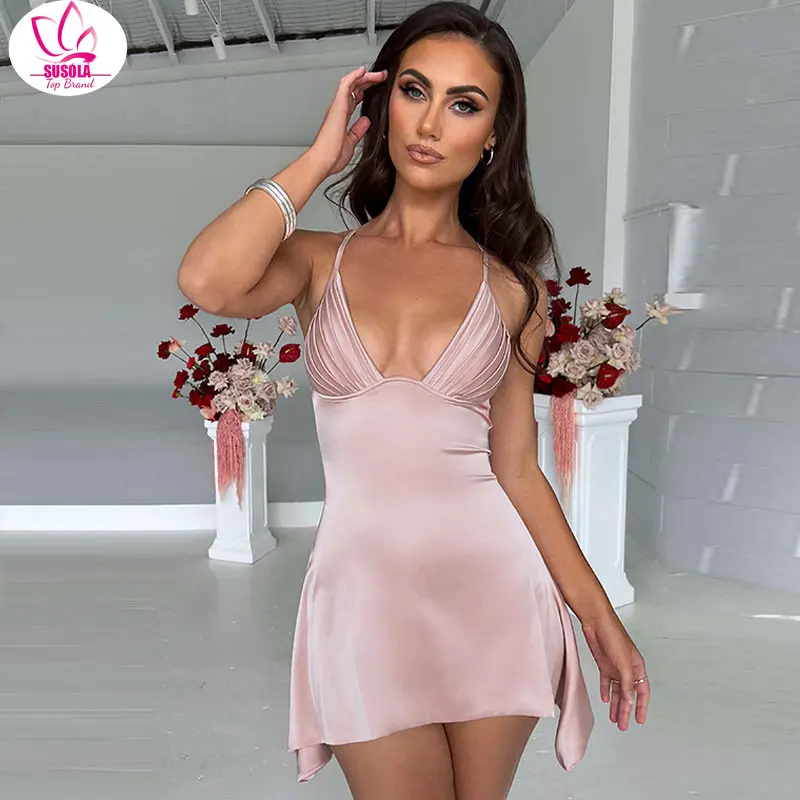 SUSOLA Satin Spaghetti Strap Sexy Mini Dress Women Robe Summer New Deep V Neck Sleeveless Backless Club Party Dress Vestido