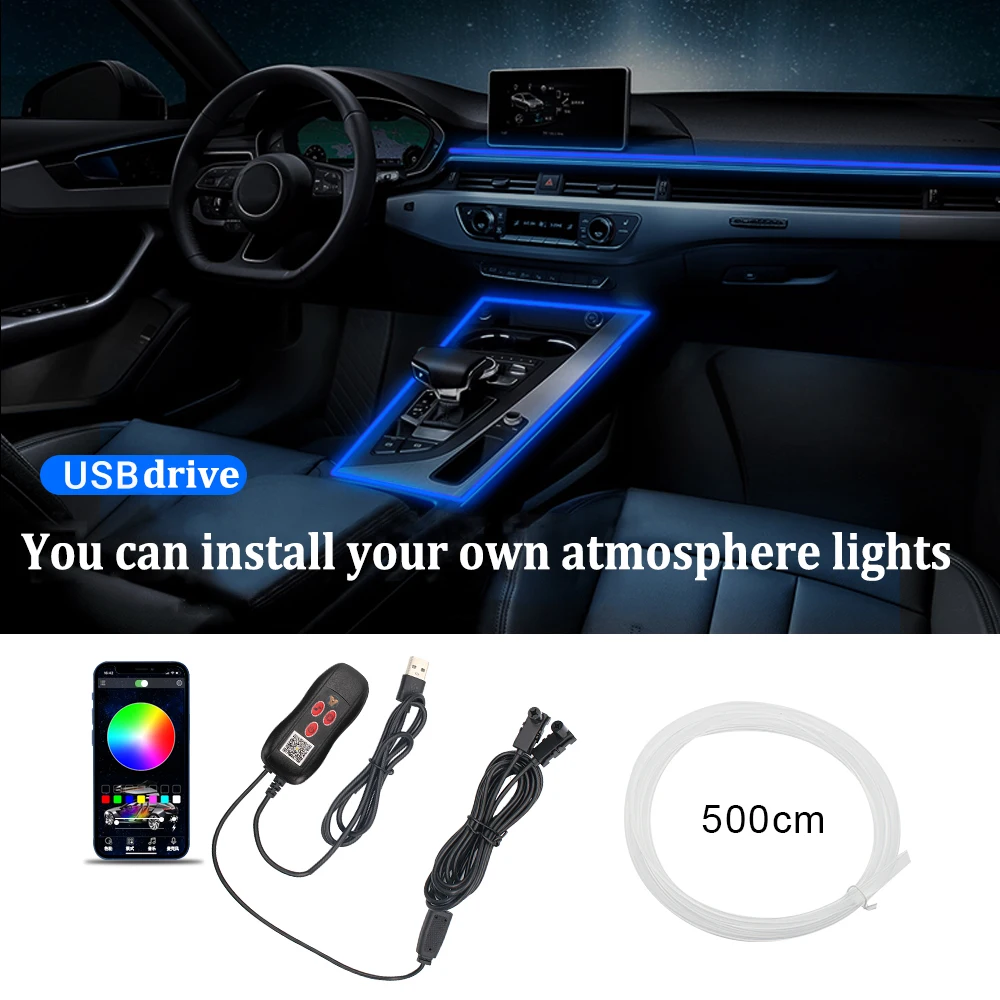 64 Colors Optical Fiber Neon Atmosphere Light Strip Multiple Modes Sound Control USB Car Interior Lights Decorative Ambient Lamp
