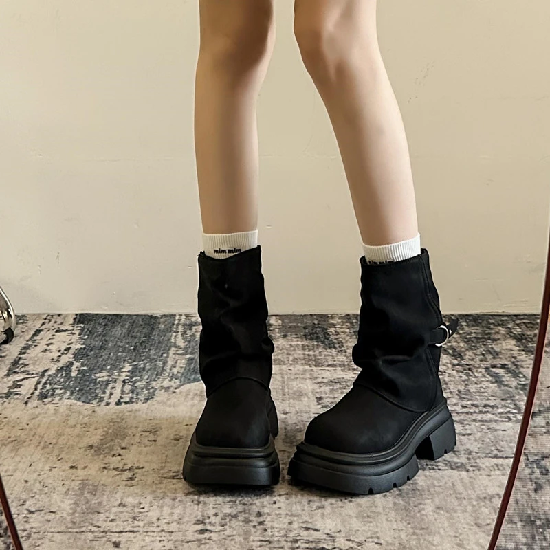 

Винтажные женские полусапожки на платформе, увеличивающие рост, осенне-зимние женские современные ботинки без шнуровки, botines para mujeres