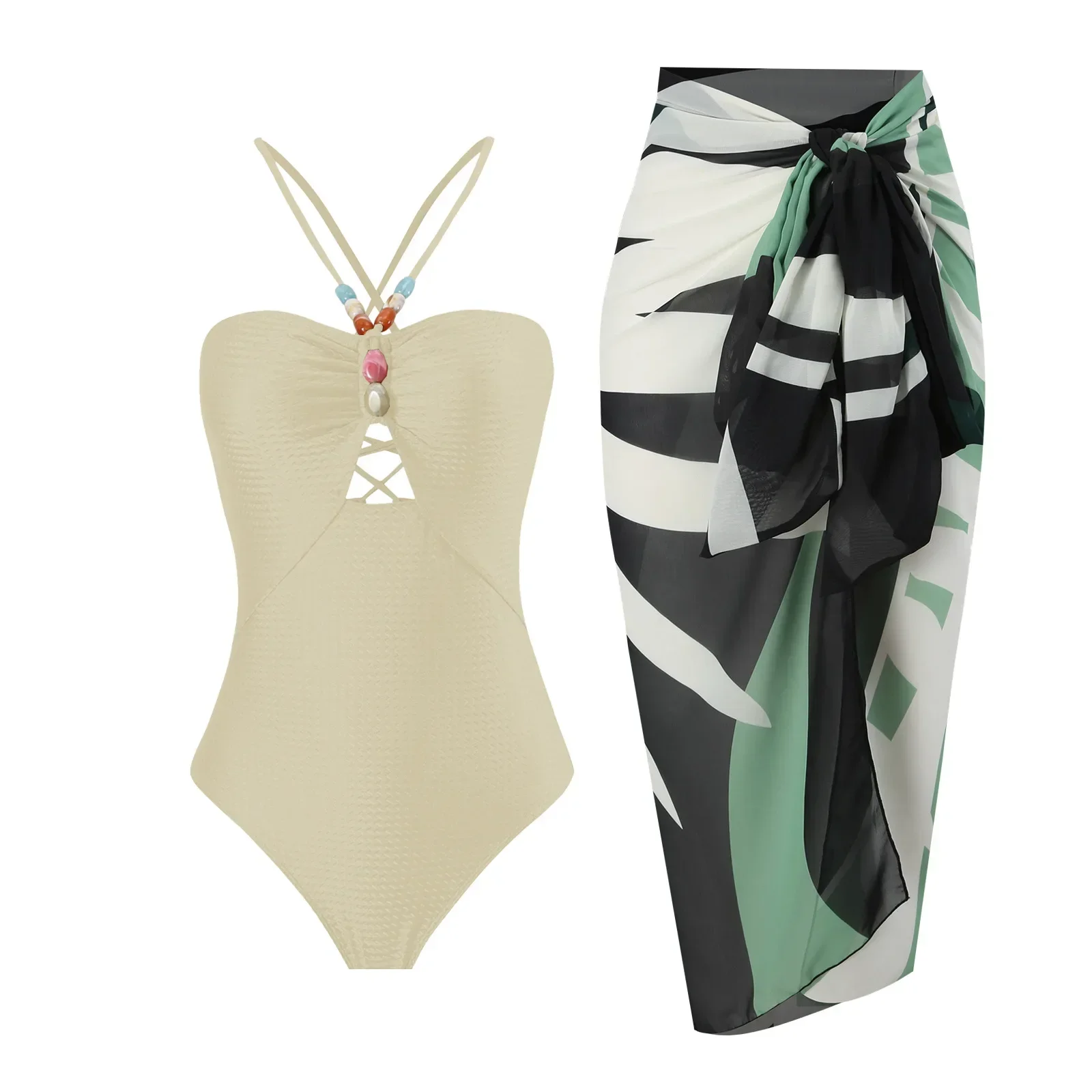 Nuevo traje de baño de una pieza con cordones y cubierta, traje de baño Sexy para mujer, trajes de baño con cuello Halter, ropa de baño, traje de baño, ropa de playa 2025