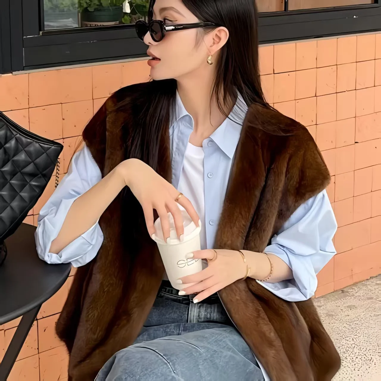 Faux Fur Waistcoat for Womens,Chic Splice Mink Coat Ladies Sleeveless Fur Vest Jacket, Slim Faux Fur Outwear Vests, New