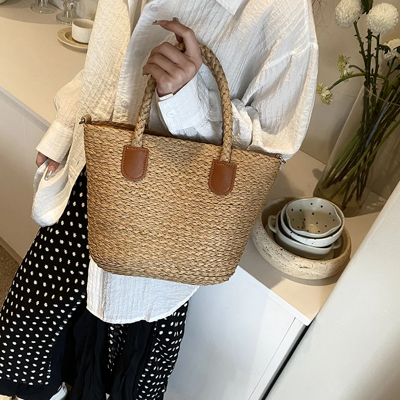 Summer Large Capacity Tote Bag Women Shoulder Bag Handmade Woven Bag Fresh Rural Handheld Grass Woven Women Bag