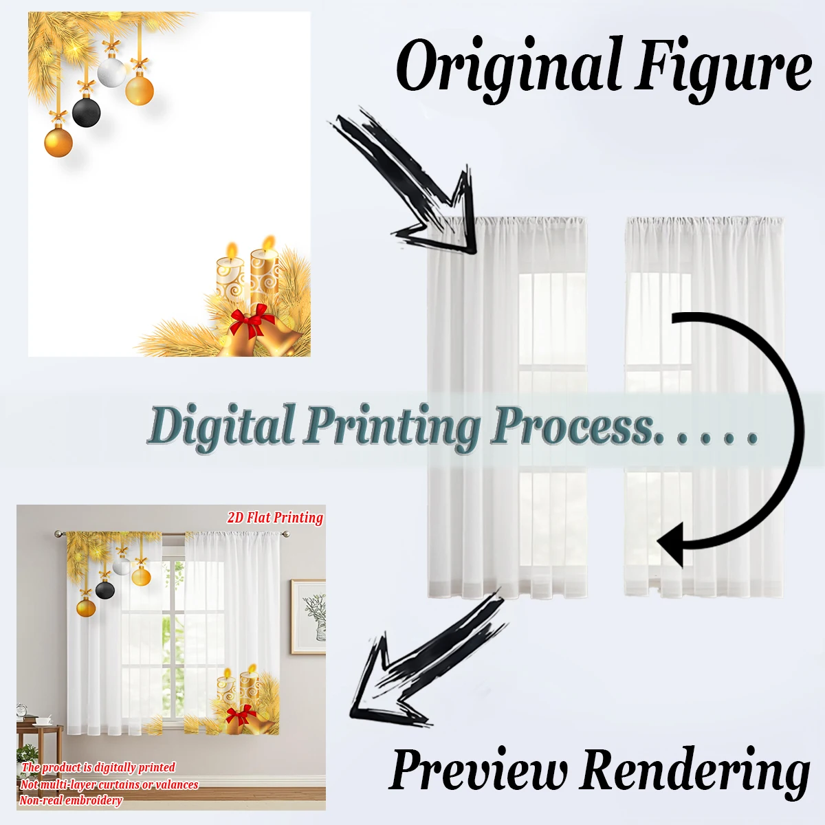 Christmas Flat Printing Kitchen Sheer Curtain with Merry Christmas Ball Candle Ornament For Christmas Home Decor  Party