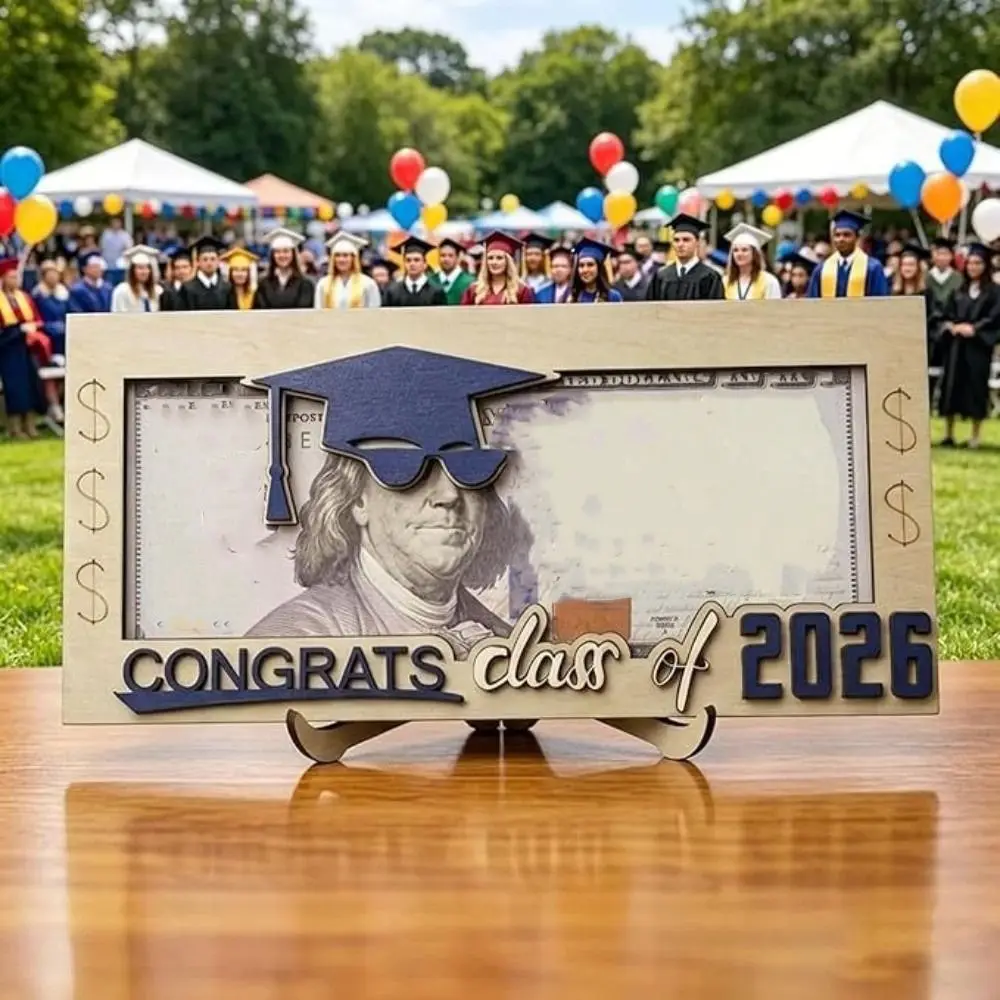 Porte-argent de graduation double couche en forme de toque, souvenir unique, cadeau en espèces pour diplômé, porte-cartes coulissant en bois