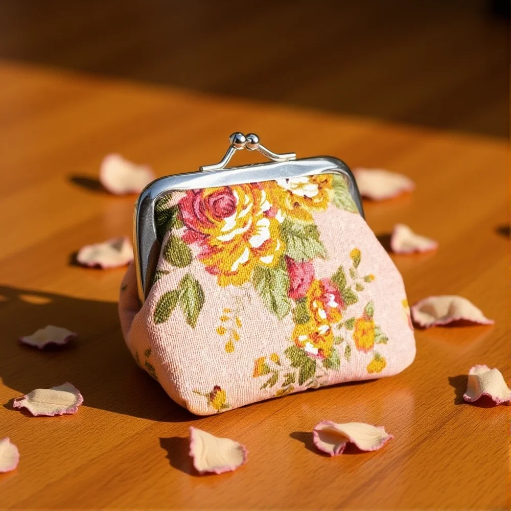 Women Floral Rose Partern Coin Purse Kiss Lock Mini Money Bag Girls Zipper Small Pouch Key Pockets Compact Commuting Daily Use