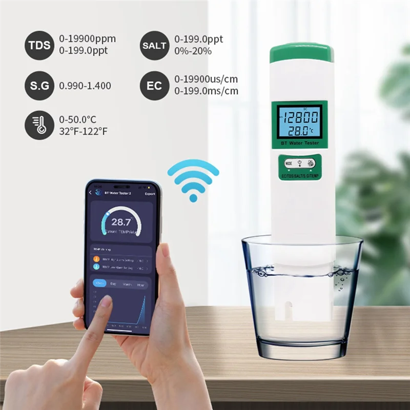 

A76K 1 Piece 5-In-1 Water Quality Tester EC TDS SALT SG TEMP Digital Detector White & Green ABS Bluetooth Water Quality Tester