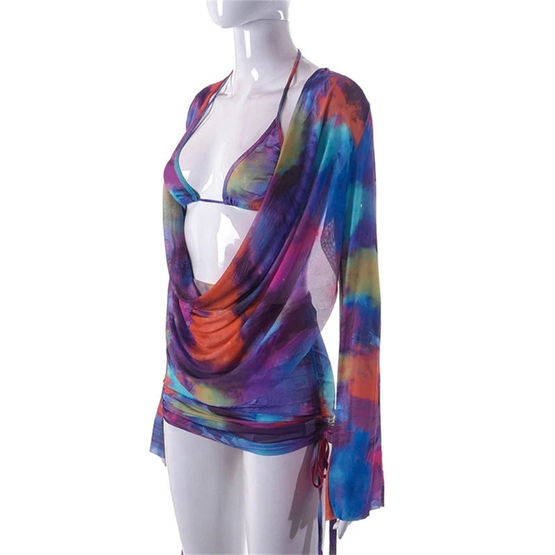 Women Tie-Dye Mesh 3Pcs Long Sleeve Cover Up Halter Bras and Drawstring Skirt Dropship