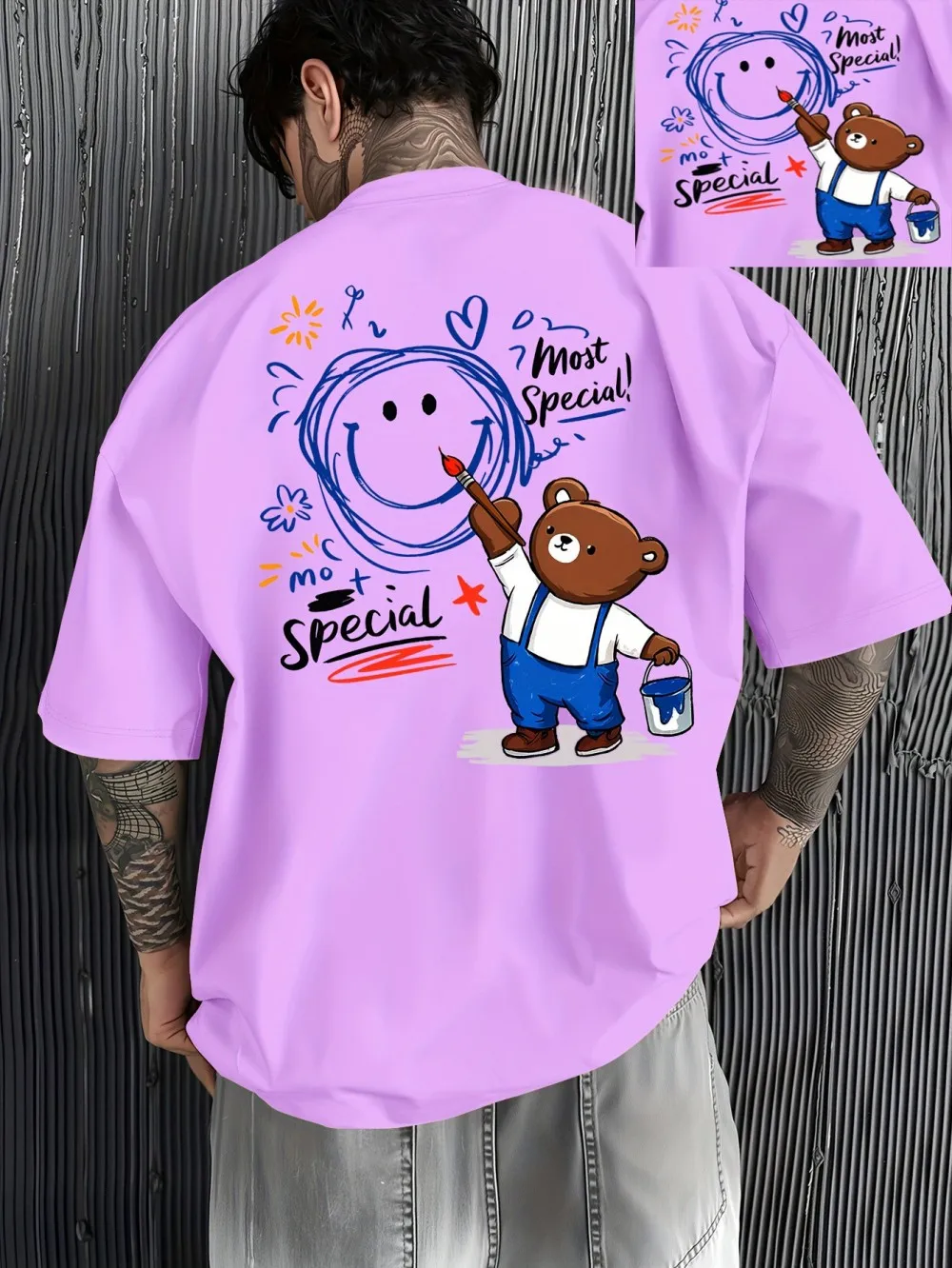 New Men's Summer Personalized Teddy Bear Graffiti Printed Micro Elastic Breathable Round Neck T-shirt Outdoor Street Top