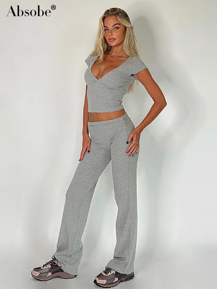 

Absobe V-Neck Crop Top Spliced Shirring Flare Pants Set Women Short Sleeve Slim Tee Trousers Solid Suit Hottie Casual Streetwear