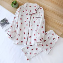 Autumn Women's Pajamas Set Print Crepe Cotton Double-layer Gauze Sleepwear Turn-down Collar Long-sleeve Trousers Household Wear