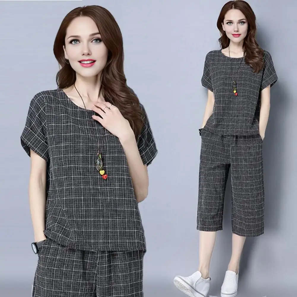 

Women Two-piece Set Stylish Women's Plaid 2-piece Outfit with Bell Bottoms Cropped Top Set for Summer Lounge Wear for Women