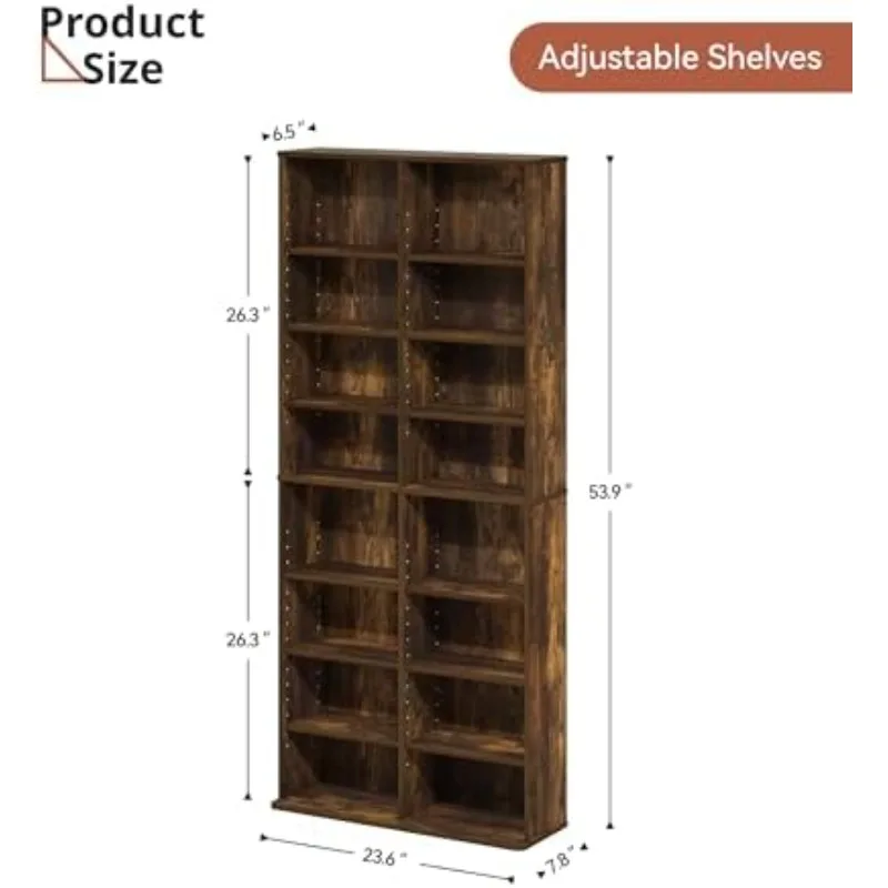 DVD Storage Tower, 16 Shelf Multimedia Storage Tower with Adjustable Shelves 8-Tier CD Cabinet for Living Room Home