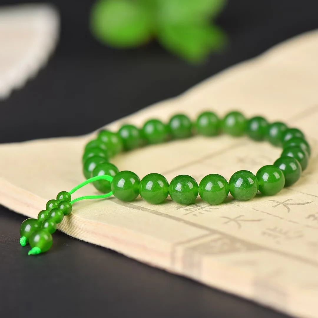 Natural Quartzite Green Jade Bracelet DIY Women's Round Bead Elastic Rope Single Loop Tassel Fashionable Charm Jewelry Bracelet