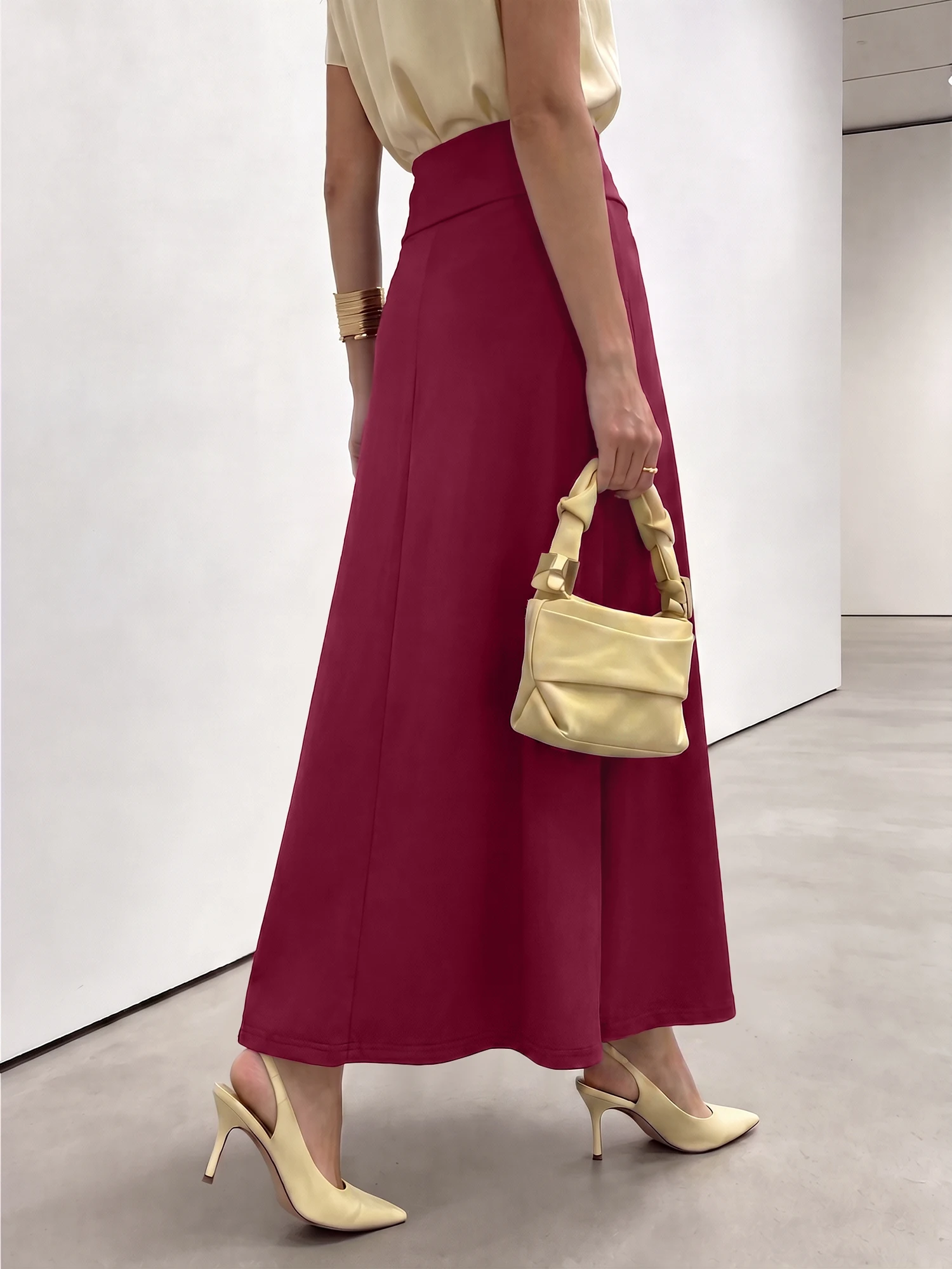 Simple Elegant Women Swing Maxi Skirt Solid Knit A‑Line Long Skirt High Elastic Waist Loose Vacation Office Bottoms