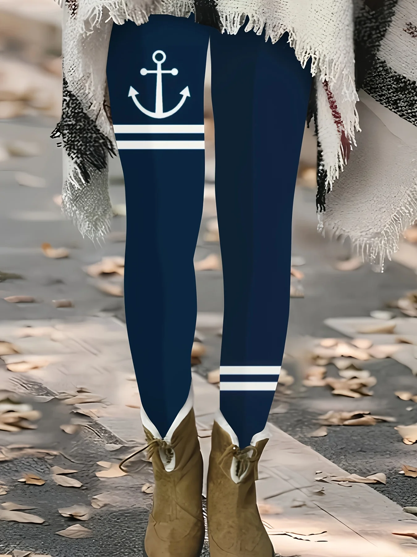 

Women's Navy Blue Anchor Stripe Print Leggings Nautical Stretchy Slimming Casual Pants