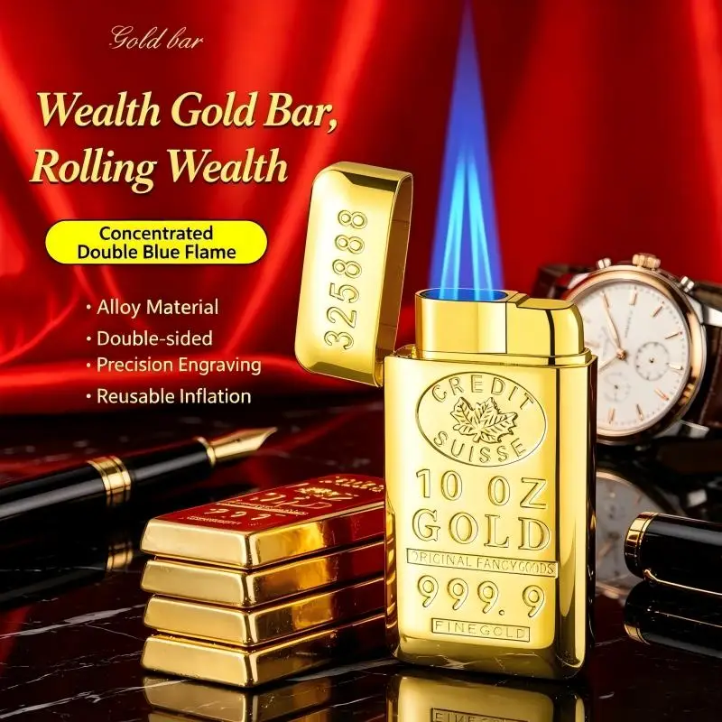 New Gold Bar Shaped Torch Lighter, Windproof Jet Blue Flame Refillable Butane Metal Cigar Igniter, Unique Novelty Smoking Access