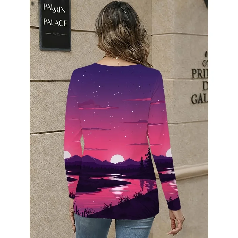 Casual Style Women'S Long Sleeve V-Neck Top, Purple Pink Sunset Scenery Print, Suitable for Leisure And