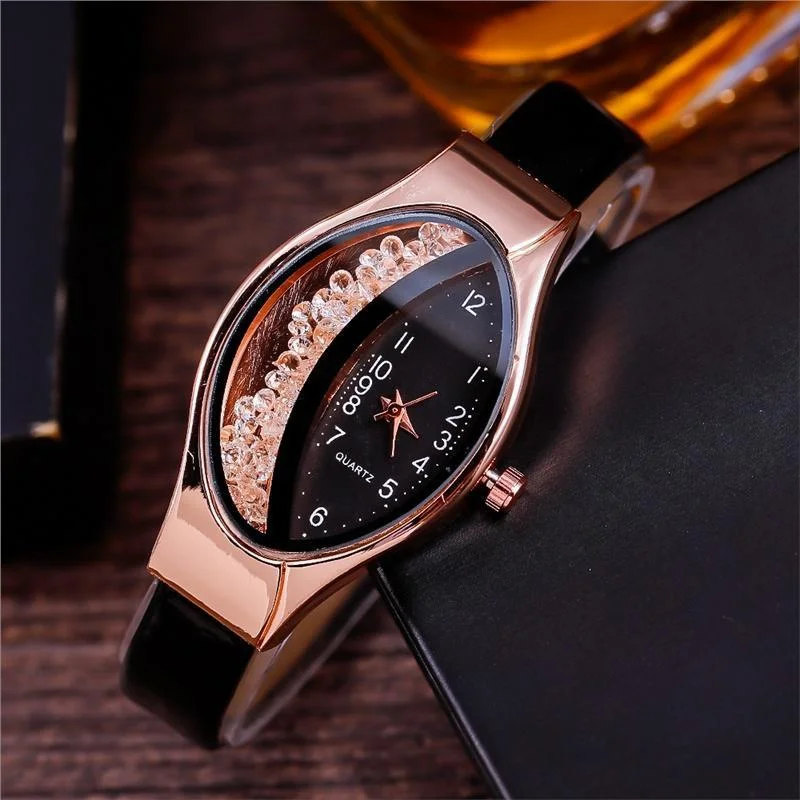 Elegant Women Crystal Oval Dial Quartz Wrist Watches Lady Leather Strap  Casual Watch Gift