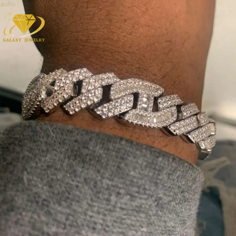 White Gold Polygon Style Fully Lab Diamond Moissanite Iced Out Cuban Link Chain Hiphop Jewelry Moissanite Cuban Bracelet