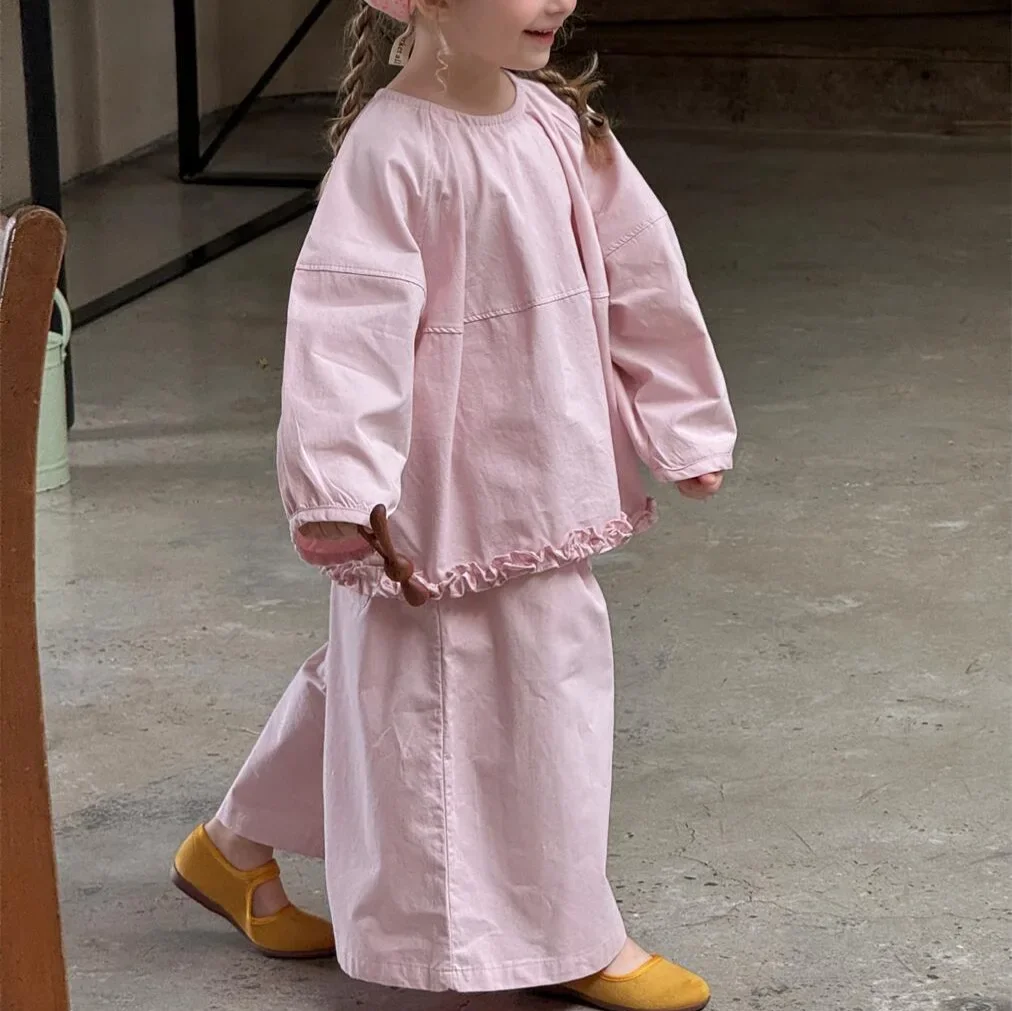 Korean Children Clothing 2025 Spring Summer New Girls Set Solid Casual Cotton Shirt Pants Two-piece Set