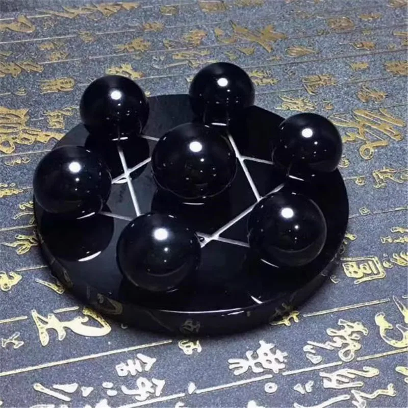 10 cm Natürliche Schwarze Obsidian Stein Kugel Kugel Sieben Sterne Array Runde Grundplatte Fengshui Spiegel Für Home Dekoration geschenk – Detail 3
