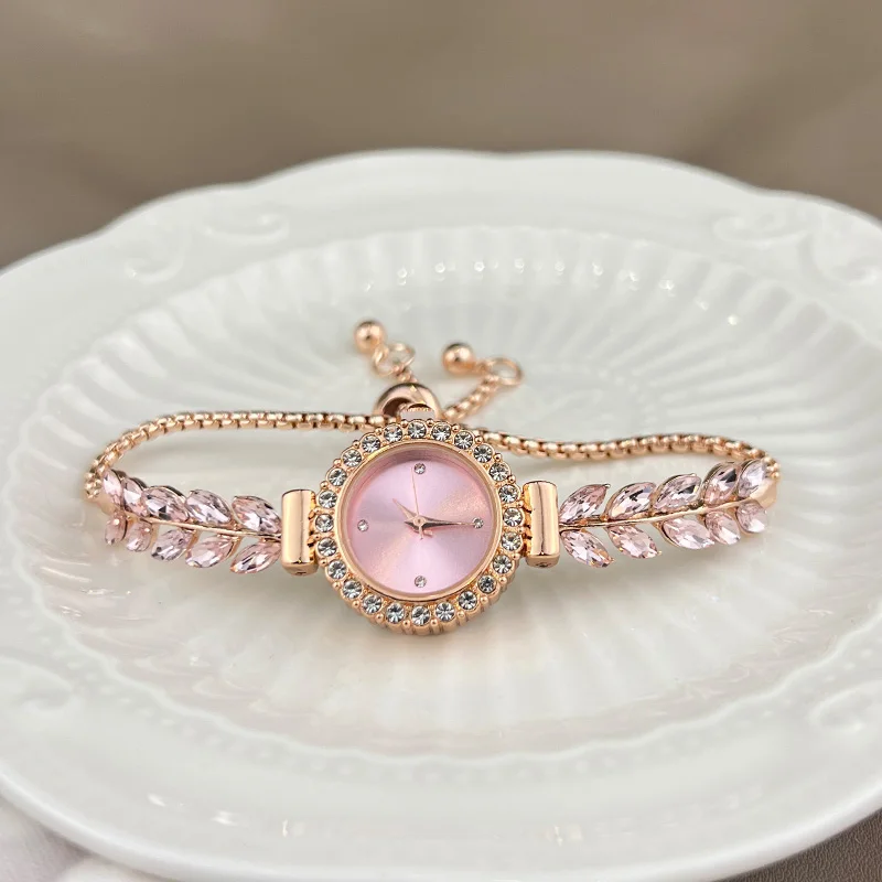 2025 New fashion diamond-encrusted leaf round women's watch simple dial freely adjust cross-border gift watches