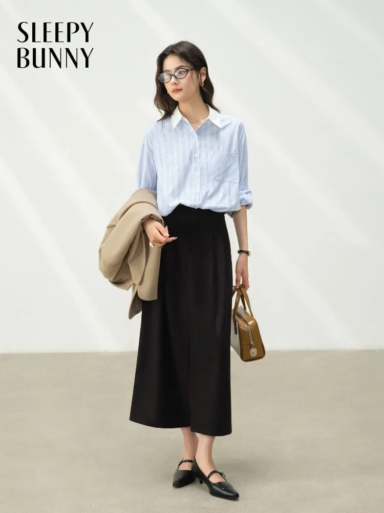 

Striped Shirt Women Elegant Loose Blouse Color Block Collar Office Top Autumn Slimming Professional Commuter Button Down Shirt