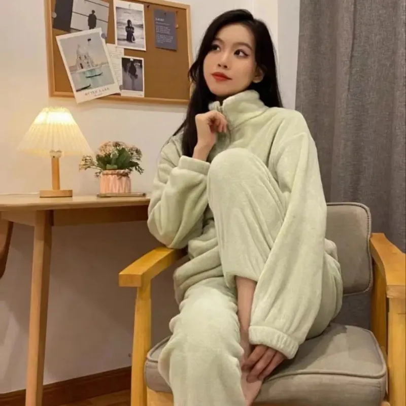 Zipper Thick Fleece Pajamas Women Autumn Winter Lady Student Loungewear Set Girls Warm Sweat Shirt Soft Long-sleeve Pants Woman